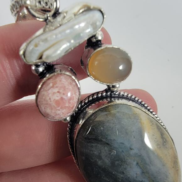 Handmade Silver Pendant with Picasso Jasper, Moonstone, Druzy & Pearl Accents - Picture 7 of 10